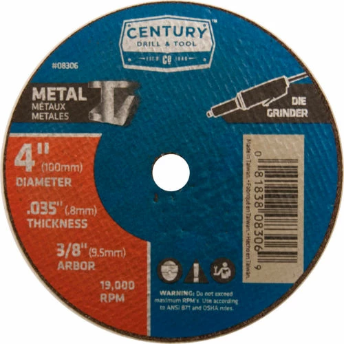 Century Drill & Tool Century Drill 08306 Cutting Wheel 4" x 3/8" Aluminum Oxide 1 Century Drill & Tool Century Drill 08306 Cutting Wheel 4" x 3/8" Aluminum Oxide