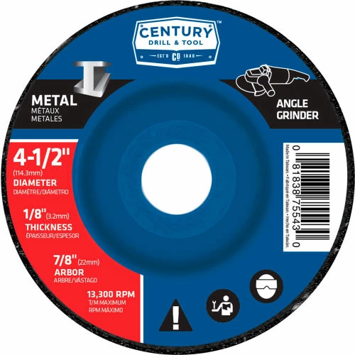 Century Drill & Tool Century Drill 75543 Depressed Center Grinding Wheel 4-1/2" x 7/8" Type 27 Aluminum Oxide 1 Century Drill & Tool Century Drill 75543 Depressed Center Grinding Wheel 4-1/2" x 7/8" Type 27 Aluminum Oxide