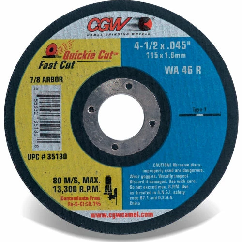 CGW Abrasives 35130 Fast Cut Thin Cutting Wheel 4-1/2" x 0.045" x 7/8" Type 1 Aluminum Oxide - Pkg Qty 25 1 CGW Abrasives 35130 Fast Cut Thin Cutting Wheel 4-1/2" x 0.045" x 7/8" Type 1 Aluminum Oxide - Pkg Qty 25
