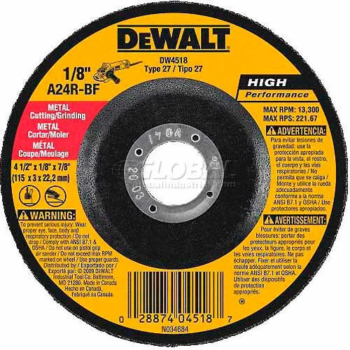 DeWalt DWA4531 Metal Cutting Wheel Type 27 4-1/2" DIA. 24 Grit Aluminum Oxide - Pkg Qty 25 1 DeWalt DWA4531 Metal Cutting Wheel Type 27 4-1/2" DIA. 24 Grit Aluminum Oxide - Pkg Qty 25