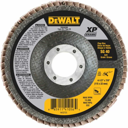 DeWalt DWA8280 Flap Disc 4-1/2" X 7/8" T29 Ceramic 40 Grit - Pkg Qty 10 1 DeWalt DWA8280 Flap Disc 4-1/2" X 7/8" T29 Ceramic 40 Grit - Pkg Qty 10