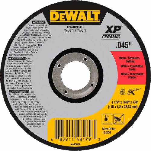 DeWalt DWA8951F XP Ceramic Metal Cutting Wheels Type 1 4-1/2" x 7/8" Aluminum Oxide 60 Grit - Pkg Qty 25 1 DeWalt DWA8951F XP Ceramic Metal Cutting Wheels Type 1 4-1/2" x 7/8" Aluminum Oxide 60 Grit - Pkg Qty 25