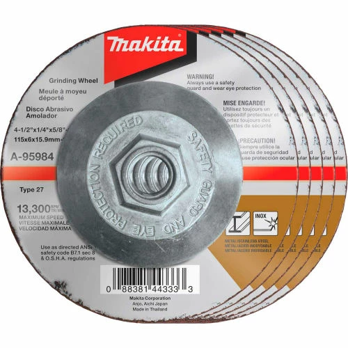 Makita® INOX Grinding Wheel, 36 Grit, Type 27, 4-1/2" Dia x 1/4"T x 5/8-11" Cntr Hole Dia-25/Pk 1 Makita® INOX Grinding Wheel, 36 Grit, Type 27, 4-1/2" Dia x 1/4"T x 5/8-11" Cntr Hole Dia-25/Pk