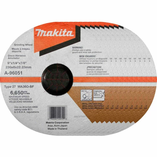 Makita® INOX Grinding Wheel, 36 Grit, Type 27, 9" Dia x 1/4"T x 7/8" Cntr Hole Dia, 10/Pk 1 Makita® INOX Grinding Wheel, 36 Grit, Type 27, 9" Dia x 1/4"T x 7/8" Cntr Hole Dia, 10/Pk