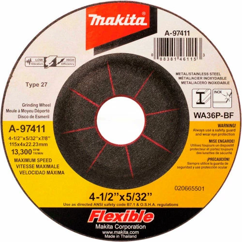 Makita® INOX Flex Grinding Wheel, 36 Grit, Type 27, 4-1/2"Dia x 5/32" x 7/8" Cntr HoleDia-25/Pk 1 Makita® INOX Flex Grinding Wheel, 36 Grit, Type 27, 4-1/2"Dia x 5/32" x 7/8" Cntr HoleDia-25/Pk