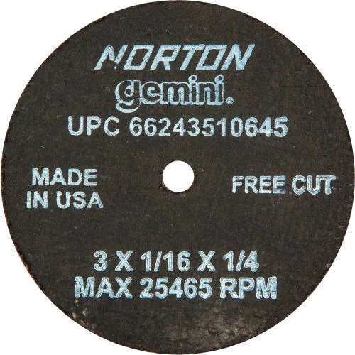Norton 66243510645 Gemini Small Diameter Cut-Off Wheel 3" x 1/16" x 1/4" 36 Grit Alum. Oxide Type 1 - Pkg Qty 25 1 Norton 66243510645 Gemini Small Diameter Cut-Off Wheel 3" x 1/16" x 1/4" 36 Grit Alum. Oxide Type 1 - Pkg Qty 25