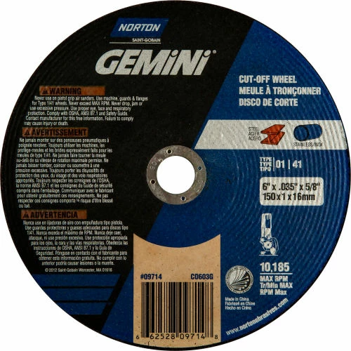 Norton 66252809714 Gemini Circular Saw Cut-Off Wheel 6" x .040" x 5/8" 60 Grit Aluminum Oxide Type 1 - Pkg Qty 25 1 Norton 66252809714 Gemini Circular Saw Cut-Off Wheel 6" x .040" x 5/8" 60 Grit Aluminum Oxide Type 1 - Pkg Qty 25