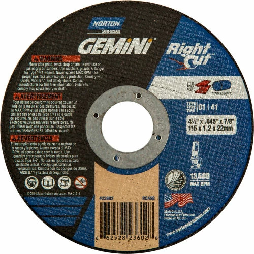 Norton 66252823602 Gemini Right Angle Cut-Off Wheel 4-1/2" x .045" x 7/8" 36 Grit Alum. Oxide Type 1 - Pkg Qty 25 1 Norton 66252823602 Gemini Right Angle Cut-Off Wheel 4-1/2" x .045" x 7/8" 36 Grit Alum. Oxide Type 1 - Pkg Qty 25