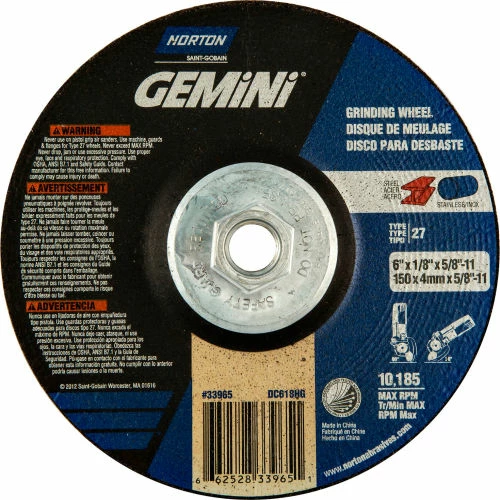 Norton 66252833965 Gemini Grinding and Cutting Wheel 6" x 1/8" x 5/8 - 11" 24 Grit Aluminum Oxide - Pkg Qty 10 1 Norton 66252833965 Gemini Grinding and Cutting Wheel 6" x 1/8" x 5/8 - 11" 24 Grit Aluminum Oxide - Pkg Qty 10