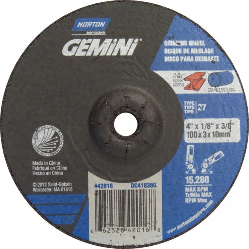 Norton 66252842016 Gemini Grinding and Cutting Wheel 4" x 1/8" x 3/8" 24 Grit Aluminum Oxide - Pkg Qty 25 1 Norton 66252842016 Gemini Grinding and Cutting Wheel 4" x 1/8" x 3/8" 24 Grit Aluminum Oxide - Pkg Qty 25