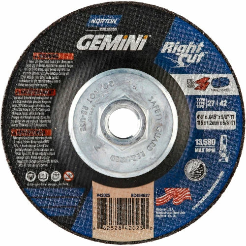 Norton 66252842025 Gemini Right Angle Cut-Off Wheel 4-1/2" x .045" x 5/8 - 11" 24 Grit Alum. Ox. T27 - Pkg Qty 10 1 Norton 66252842025 Gemini Right Angle Cut-Off Wheel 4-1/2" x .045" x 5/8 - 11" 24 Grit Alum. Ox. T27 - Pkg Qty 10
