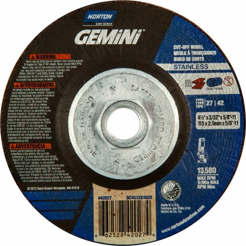 Norton 66252842027 Gemini Cutting Wheel 4-1/2" x 3/32" x 5/8 - 11" 30 Grit Aluminum Oxide - Pkg Qty 10 1 Norton 66252842027 Gemini Cutting Wheel 4-1/2" x 3/32" x 5/8 - 11" 30 Grit Aluminum Oxide - Pkg Qty 10