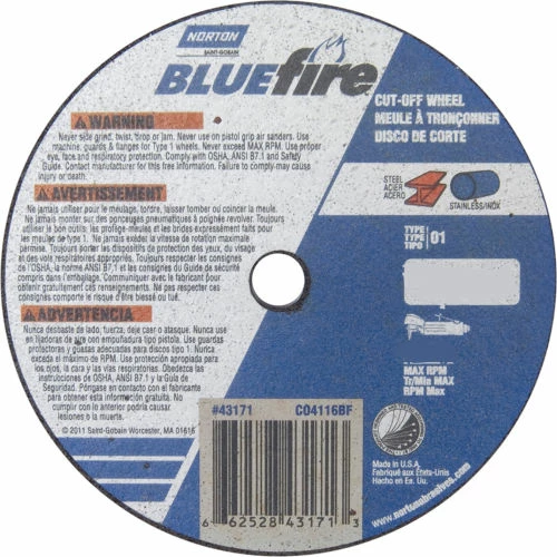Norton 66252843175 BlueFire Small Diameter Cut-Off Wheel 3" x 1/16" x 3/8" 46 Grit Alum. Oxide T1 - Pkg Qty 25 1 Norton 66252843175 BlueFire Small Diameter Cut-Off Wheel 3" x 1/16" x 3/8" 46 Grit Alum. Oxide T1 - Pkg Qty 25