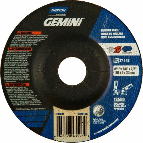 Norton 66252843591 Gemini Grinding and Cutting Wheel 4-1/2" x 1/8" x 7/8" 24 Grit Aluminum Oxide - Pkg Qty 25 1 Norton 66252843591 Gemini Grinding and Cutting Wheel 4-1/2" x 1/8" x 7/8" 24 Grit Aluminum Oxide - Pkg Qty 25