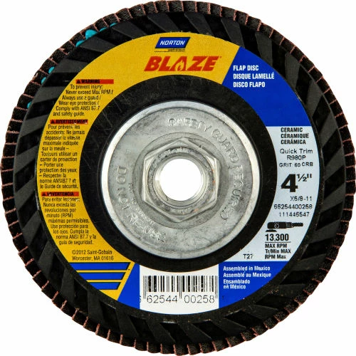 Norton 66254400257 Blaze Plastic Flat Flap Disc T27 4-1/2" x 5/8 - 11" 40 Grit Seeded Gel Ceramic - Pkg Qty 10 1 Norton 66254400257 Blaze Plastic Flat Flap Disc T27 4-1/2" x 5/8 - 11" 40 Grit Seeded Gel Ceramic - Pkg Qty 10