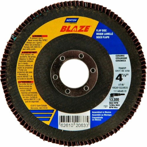 Norton 66261020633 Blaze Fiberglass Flat Flap Disc T27 4-1/2" x 7/8" 60 Grit Seeded Gel Ceramic - Pkg Qty 10 1 Norton 66261020633 Blaze Fiberglass Flat Flap Disc T27 4-1/2" x 7/8" 60 Grit Seeded Gel Ceramic - Pkg Qty 10