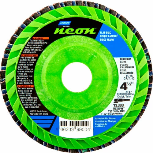 Norton 66623399007 Neon Plastic Flat Flap Disc T27 4-1/2" x 7/8" P120 Grit Zirconia Alumina - Pkg Qty 10 1 Norton 66623399007 Neon Plastic Flat Flap Disc T27 4-1/2" x 7/8" P120 Grit Zirconia Alumina - Pkg Qty 10