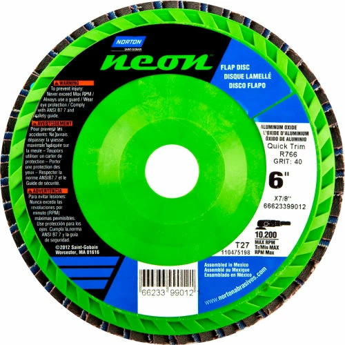 Norton 66623399015 Neon Plastic Flat Flap Disc T27 6" x 7/8" P120 Grit Zirconia Alumina - Pkg Qty 10 1 Norton 66623399015 Neon Plastic Flat Flap Disc T27 6" x 7/8" P120 Grit Zirconia Alumina - Pkg Qty 10