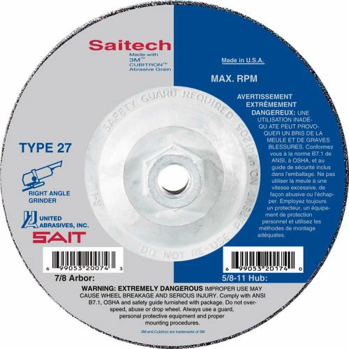 United Abrasives-Sait United Abrasives - Sait 20164 Depressed Center Wheel T27 4-1/2"x 1/4" x 5/8-11" Ceramic Alum. Oxide - Pkg Qty 10 1 United Abrasives-Sait United Abrasives - Sait 20164 Depressed Center Wheel T27 4-1/2"x 1/4" x 5/8-11" Ceramic Alum. Oxide - Pkg Qty 10