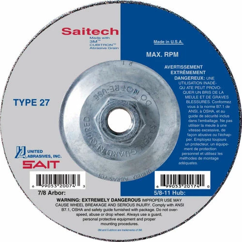 United Abrasives-Sait United Abrasives - Sait 22289 Depressed Center Wheel T27 7"x 1/8" x 5/8-11" Ceramic Alum. Oxide - Pkg Qty 10 1 United Abrasives-Sait United Abrasives - Sait 22289 Depressed Center Wheel T27 7"x 1/8" x 5/8-11" Ceramic Alum. Oxide - Pkg Qty 10