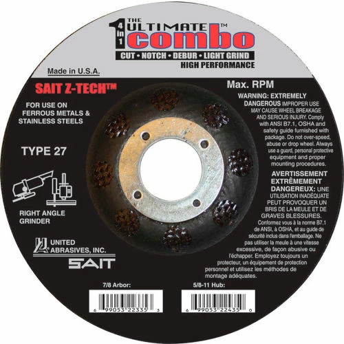 United Abrasives-Sait United Abrasives - Sait 22335 Depressed Center Wheel T27 Z-TECH 5"x .095" x 7/8" Zirconium - Pkg Qty 25 1 United Abrasives-Sait United Abrasives - Sait 22335 Depressed Center Wheel T27 Z-TECH 5"x .095" x 7/8" Zirconium - Pkg Qty 25