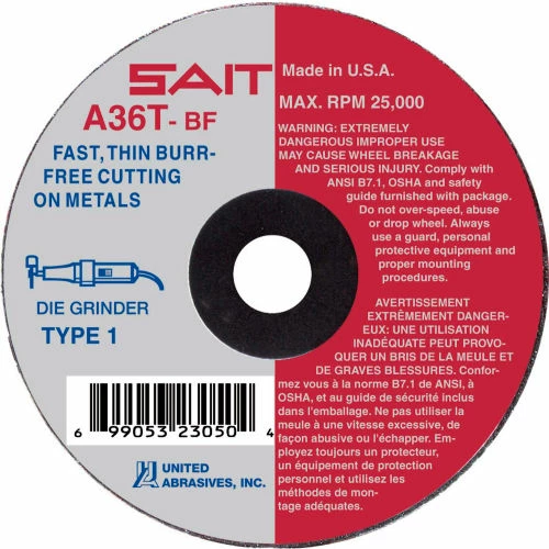 United Abrasives-Sait United Abrasives - Sait 23040 Cut Off Wheel Type 1 A36T 3" x 1/16" x 3/8" 36 Grit Aluminum Oxide - Pkg Qty 50 1 United Abrasives-Sait United Abrasives - Sait 23040 Cut Off Wheel Type 1 A36T 3" x 1/16" x 3/8" 36 Grit Aluminum Oxide - Pkg Qty 50