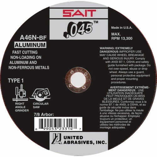 United Abrasives-Sait United Abrasives - Sait 23316 Cut Off Wheel Type 1 A46N 6" x .045" x 7/8" 46 Grit Aluminum Oxide - Pkg Qty 50 1 United Abrasives-Sait United Abrasives - Sait 23316 Cut Off Wheel Type 1 A46N 6" x .045" x 7/8" 46 Grit Aluminum Oxide - Pkg Qty 50