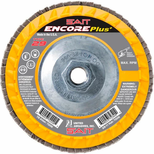 United Abrasives-Sait United Abrasives - Sait 72340 Encore Flap Disc Type 29 4-1/2 " x 5/8"-11 60 Grit Zirconium - Pkg Qty 10 1 United Abrasives-Sait United Abrasives - Sait 72340 Encore Flap Disc Type 29 4-1/2 " x 5/8"-11 60 Grit Zirconium - Pkg Qty 10